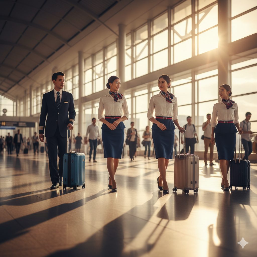 空港の明るいコンコースを歩く日本人パイロットと日本人客室乗務員が、キャリーケースを体に密着させ、スマートかつエレガントに移動している様子。