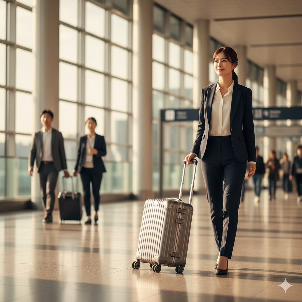 空港の明るいコンコースを歩くビジネスパーソンの日本人女性が、4輪キャリーケースを体の横で押してスマートに移動している様子。