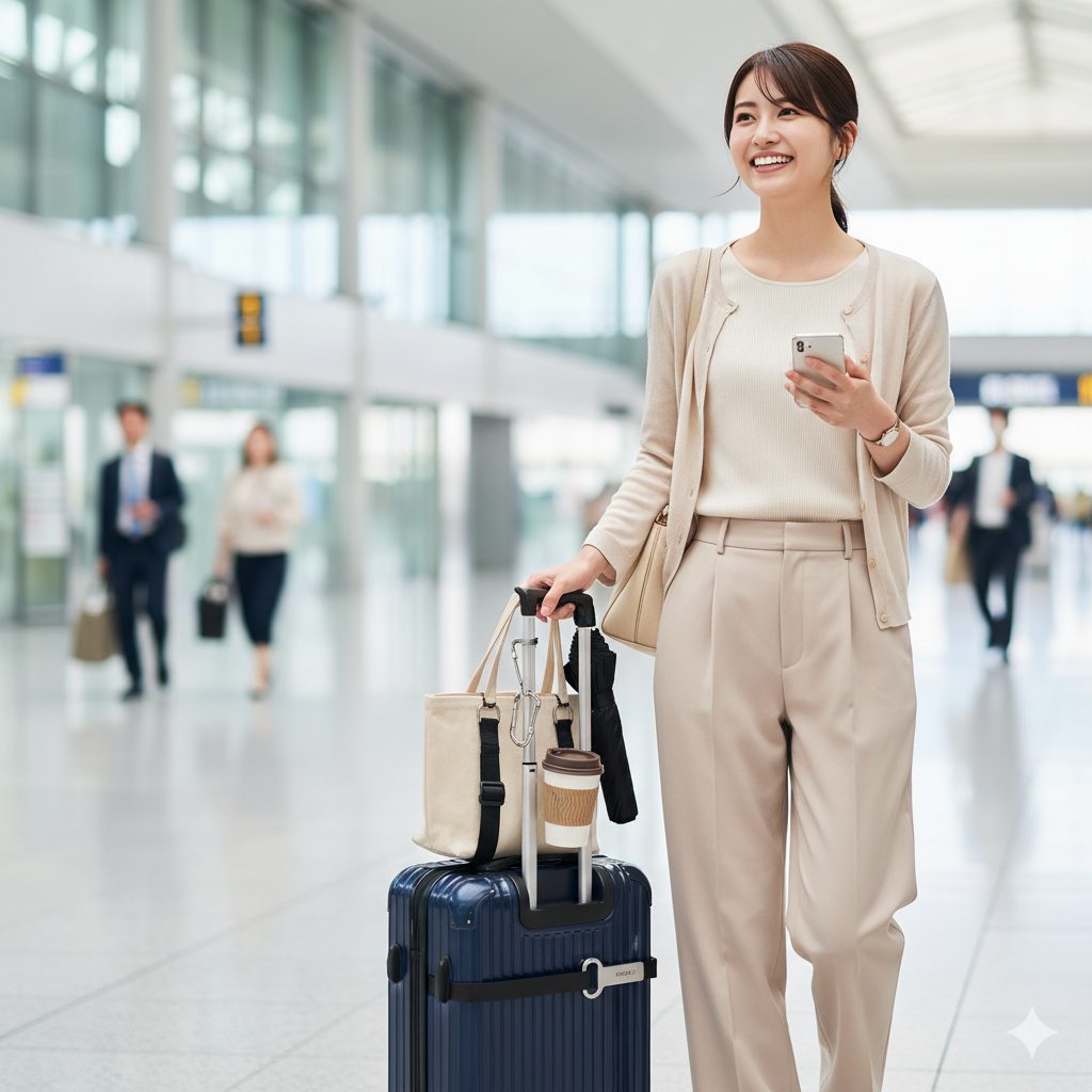 空港内を笑顔で歩く日本人女性。片手にはスマートフォン、もう一方の手でキャリーケースを引いており、ケースにはフックでバッグや傘、ドリンクホルダーが取り付けられている。