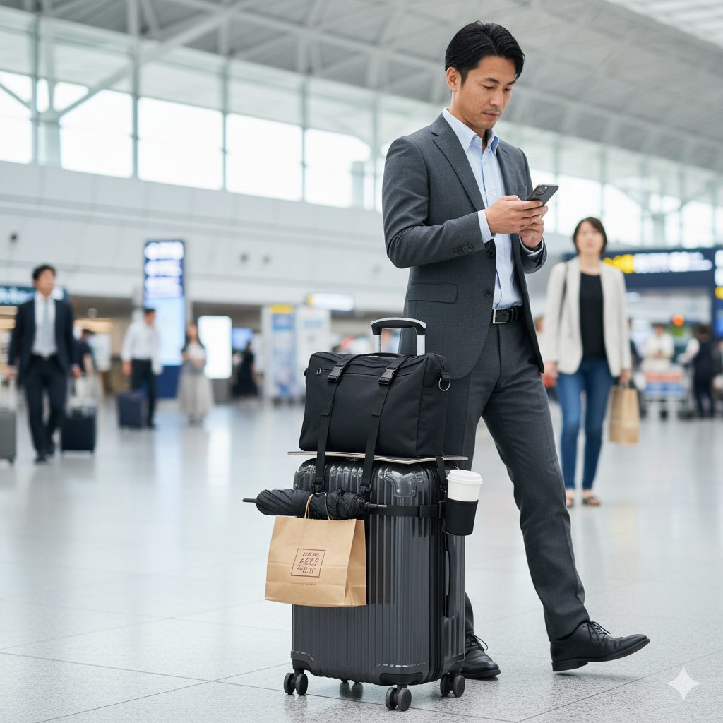 空港の出発ロビーを歩く日本人ビジネスマン。スーツケースのハンドルにフックを使って、折り畳み傘や紙袋、ドリンクホルダーを取り付け、上部にはビジネスバッグを固定している。男性はスマートフォンを操作している。