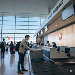 空港のチェックインカウンターで、日本の航空会社のロゴが見える場所でスーツケースを預けている日本人旅行者。カウンターの奥には飛行機が見える。