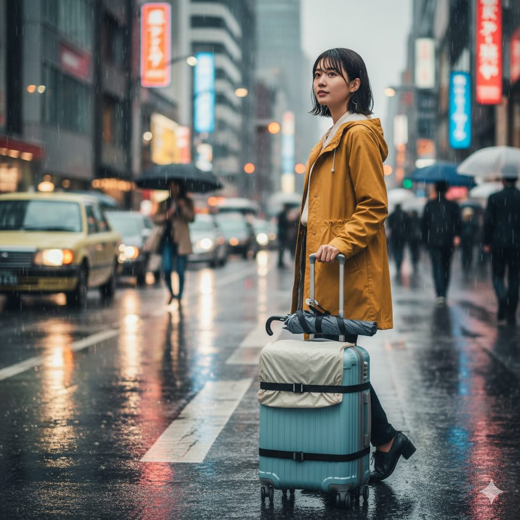 雨の日の都会で、傘を固定したキャリーケースを引く若い日本人女性の旅行者。