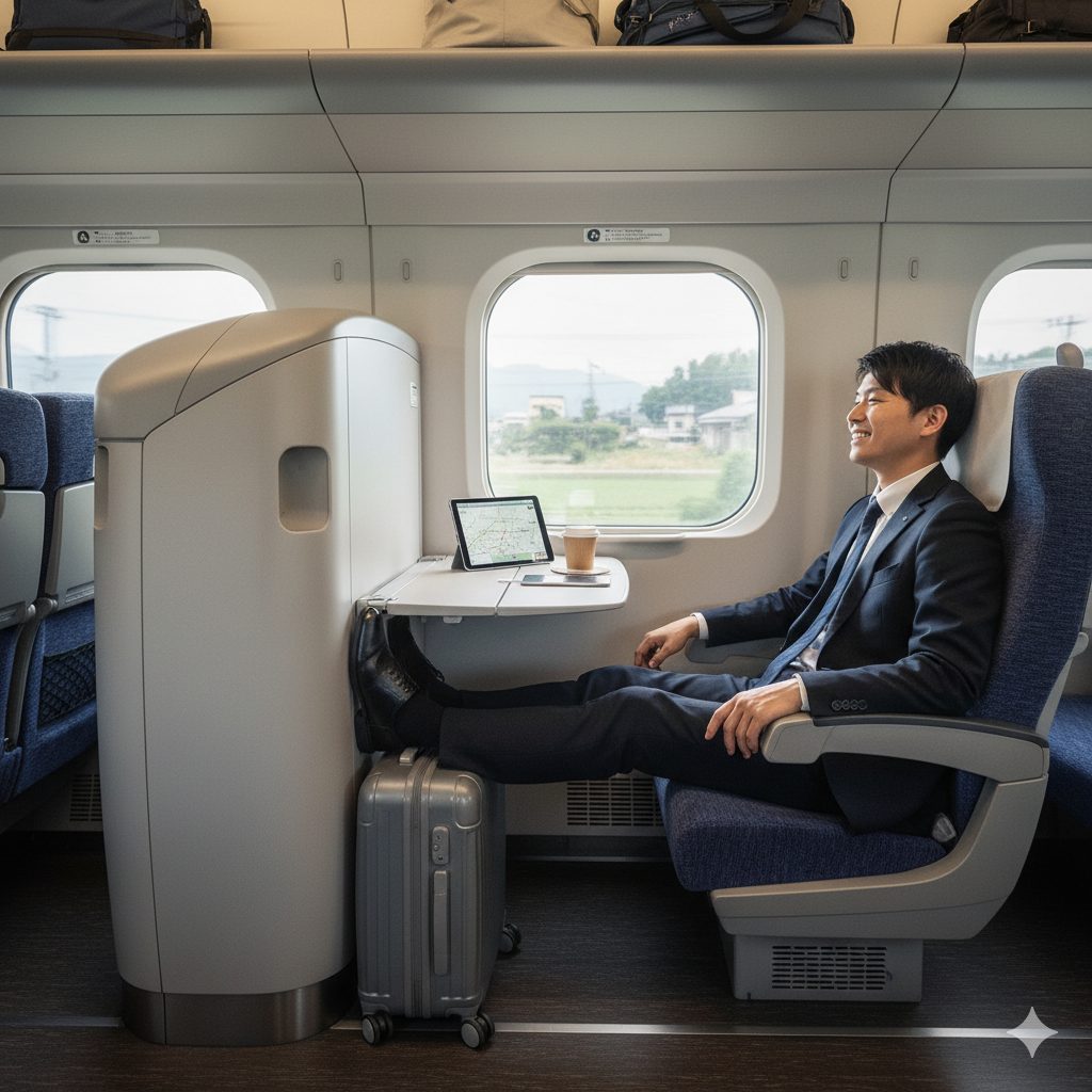 新幹線の一番前の席に座り、足元にスーツケースを置いているビジネスマン