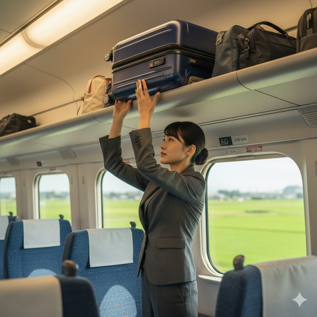 新幹線の荷物棚にスーツケースを置く日本人女性