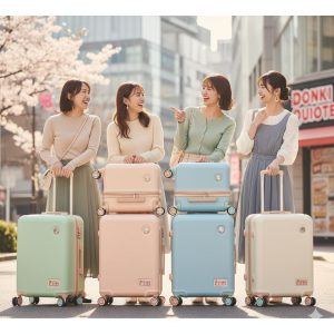 桜が咲く春の街中で、パステルカラーのかわいいドン・キホーテのキャリーケース（ミント、ピーチ、ブルー、ミルク）を囲んで楽しそうに会話する4人の日本人女性たち。