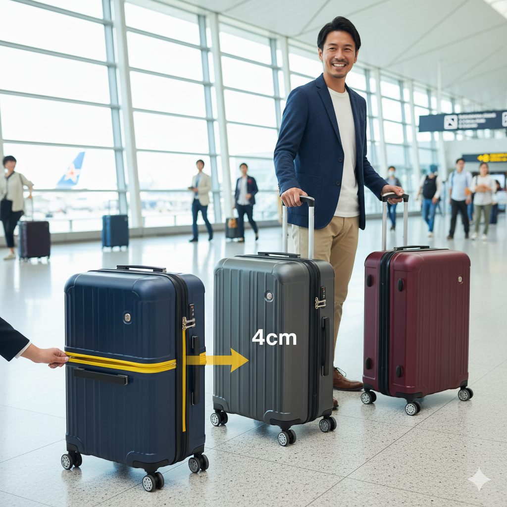空港の出発ロビーで、ドン・キホーテの「情熱価格 拡張ジッパーキャリーケース」が拡張機能によって約4cm広がり、容量が増える様子を笑顔で示す日本人男性旅行者。