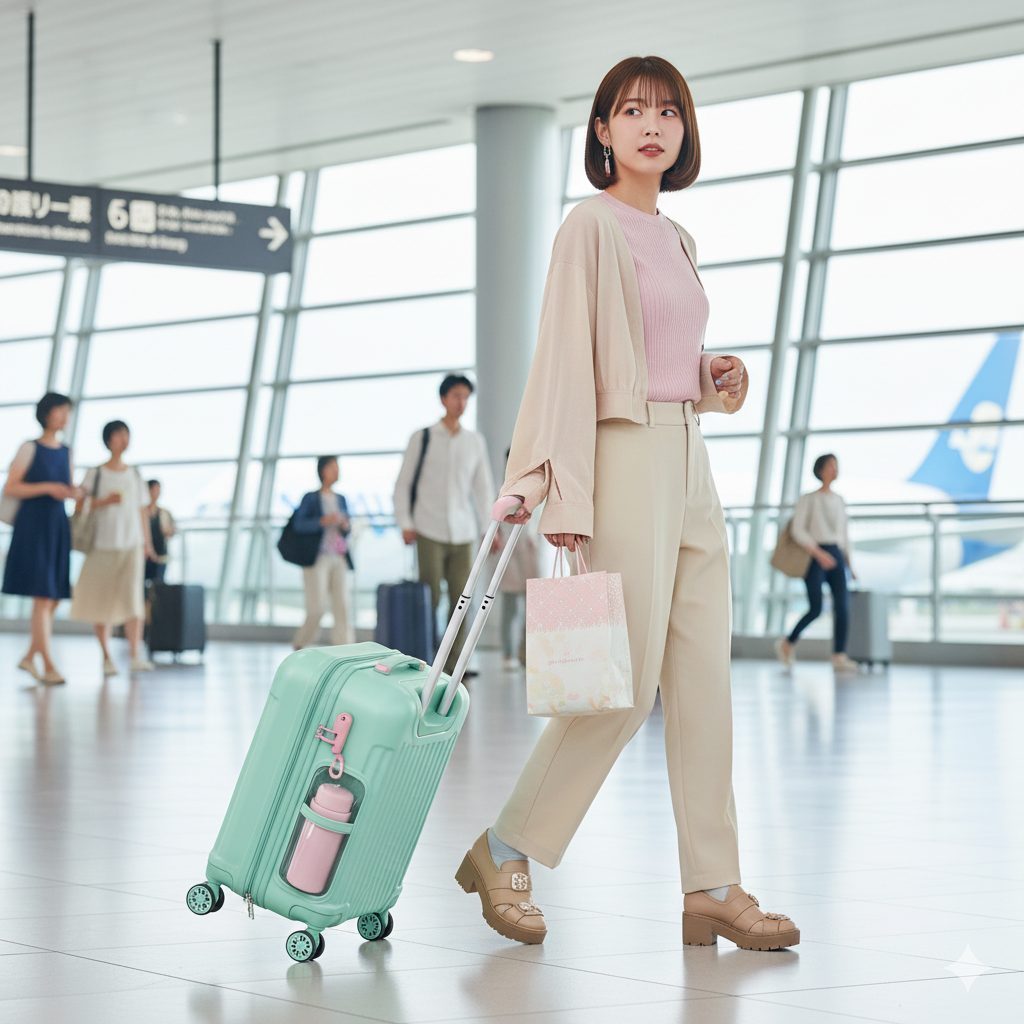 空港の出発ロビーを歩く日本人女性が、ミントグリーンのドン・キホーテ「マカロン」シリーズのキャリーケースを引いている。キャリーケースにはカップホルダーと手提げフックが付いており、機能性とデザイン性を兼ね備えている。