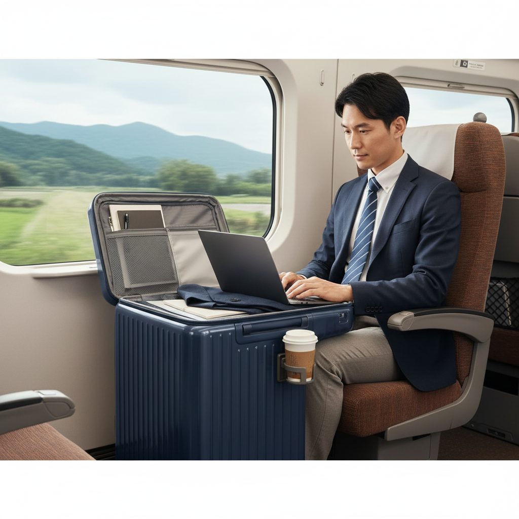 新幹線の車内で、ネイビーのドン・キホーテ「フロントドアオープンキャリーケース」を前に置き、フロント部を開いてノートPCで作業する日本人ビジネスマン。キャリーケースの便利な収納とカップホルダーが活用されている。