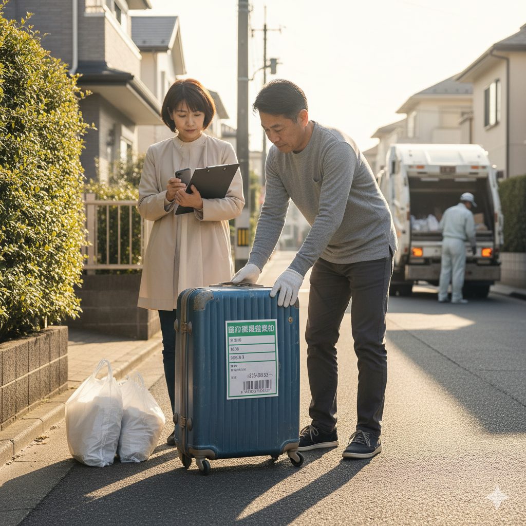 住宅街で、粗大ゴミ回収の申し込み書とスマートフォンを持つ日本人女性と、粗大ゴミシールを古い水色のスーツケースに貼る日本人男性。遠くにはゴミ収集車と作業員が見え、自治体の粗大ゴミとしてスーツケースを処分する様子。