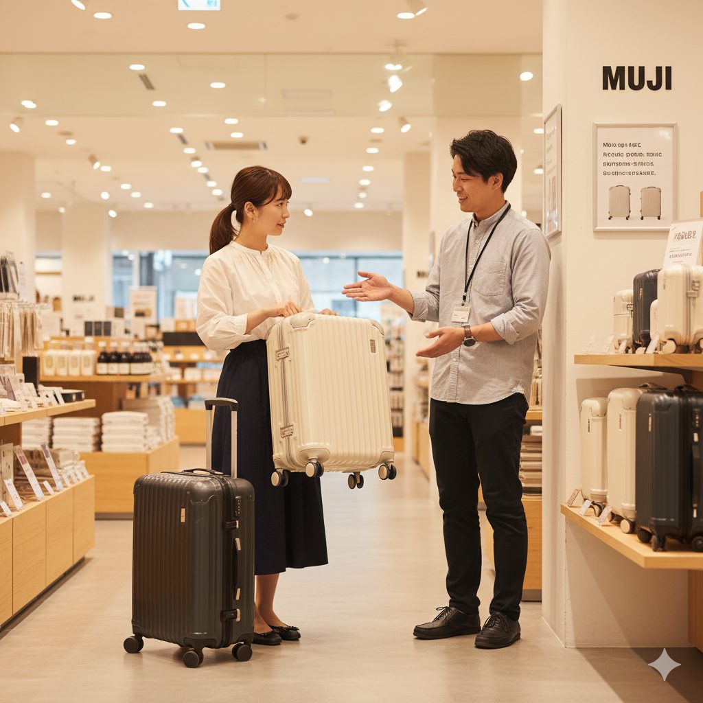 無印良品の店舗内で、新しいキャリーバッグを選んでいるアジア人女性。彼女の足元には古いスーツケースが置かれており、スタッフが回収サービスについて説明している様子。