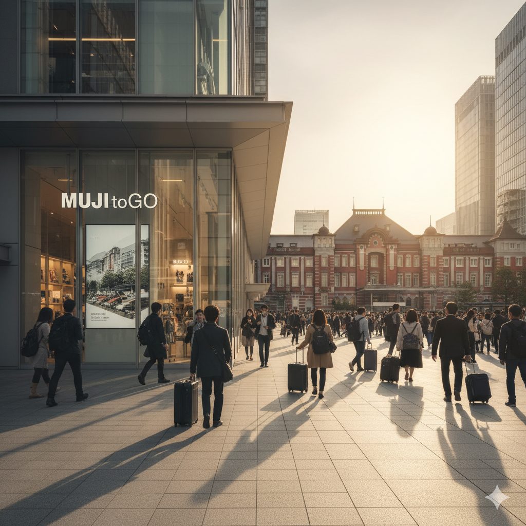東京駅に隣接する「MUJItoGO KITTE丸の内」店の外観。多くの旅行者が行き交う駅前の広場に面しており、店舗の看板が明確に見える。