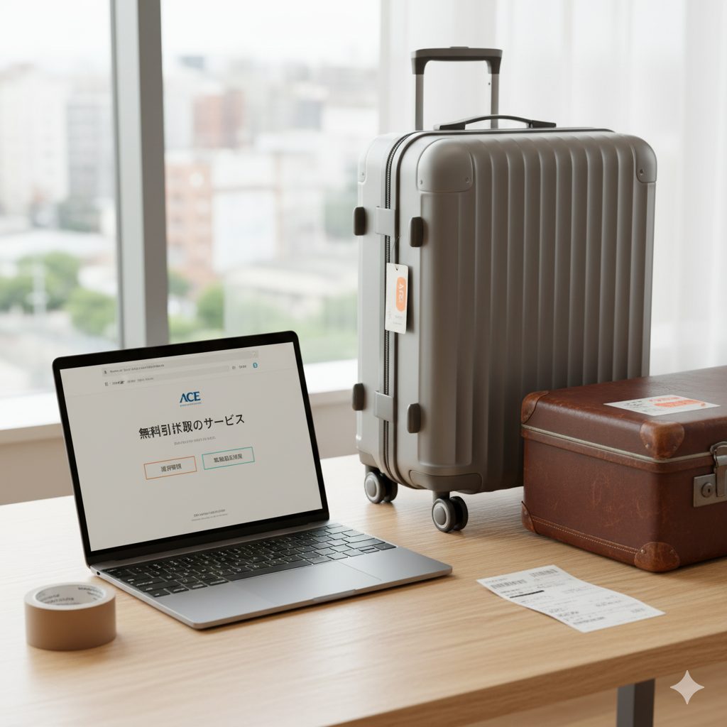 エース(ACE)の公式オンラインストアのウェブページがノートパソコンに表示されており、スーツケースの下取りサービスについて案内されている。画面の横には、梱包された新しいスーツケースと古いスーツケースが並べられている。