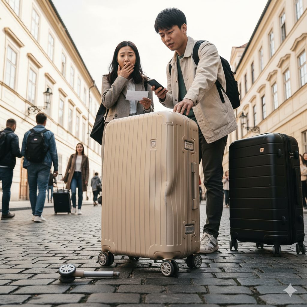 石畳の道でキャスターが破損したキャリーケースを見て困惑する旅行中の日本人カップル。彼女は口元に手を当て、彼はスマートフォンで何かを調べている。