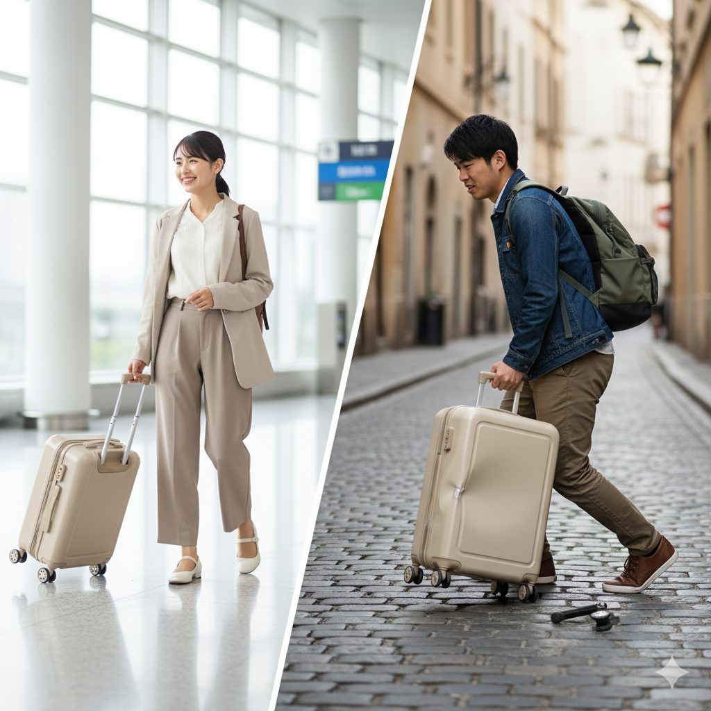 左右で異なるキャリーケース使用シーンを対比。左は空港でスムーズにキャリーケースを引く笑顔の日本人女性。右は石畳の道で壊れたキャリーケースを苦労して運ぶ日本人男性。