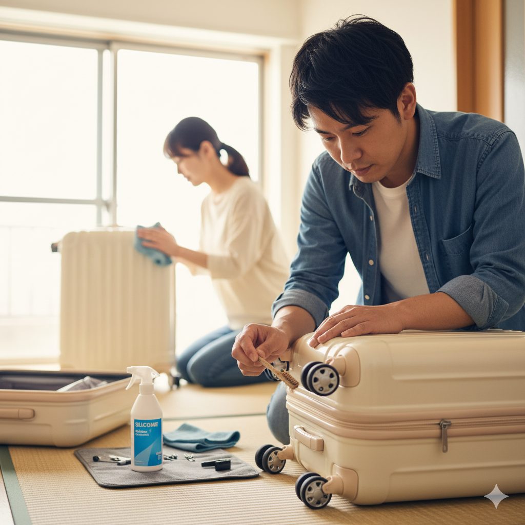 和室で、若い日本人夫婦が旅行から帰ってきてキャリーケースのメンテナンスをしている。手前の男性はキャスターの掃除をしており、奥の女性はケース本体を拭いている。