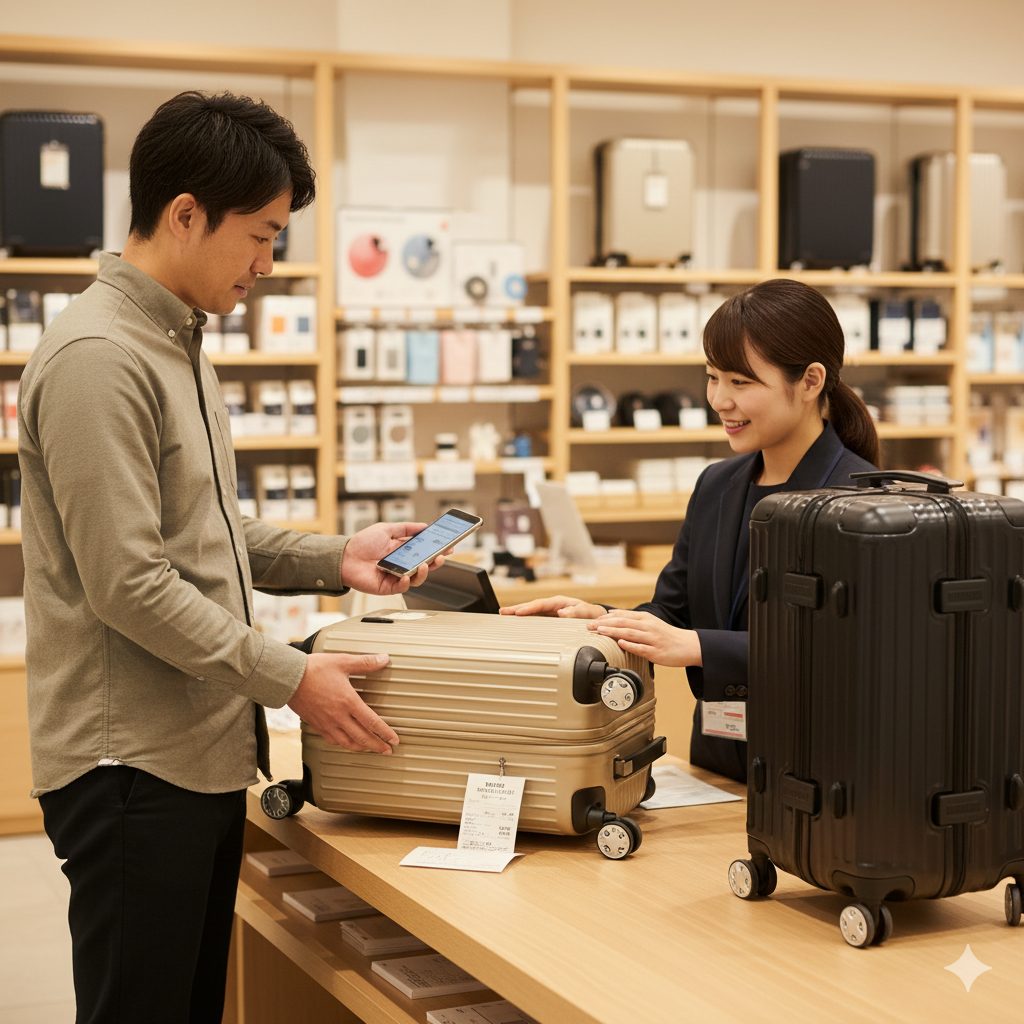 無印良品の店舗で、キャリーケースの修理について店員と話している日本人男性。男性はスマートフォンで保証書を見せている。