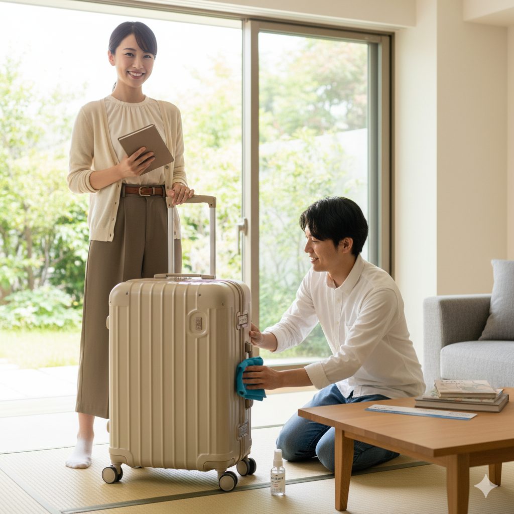 リビングで、日本人夫婦が旅行の準備をしている。夫はキャリーケースを丁寧に拭き、妻はタブレットを持って準備万端の笑顔で立っている。