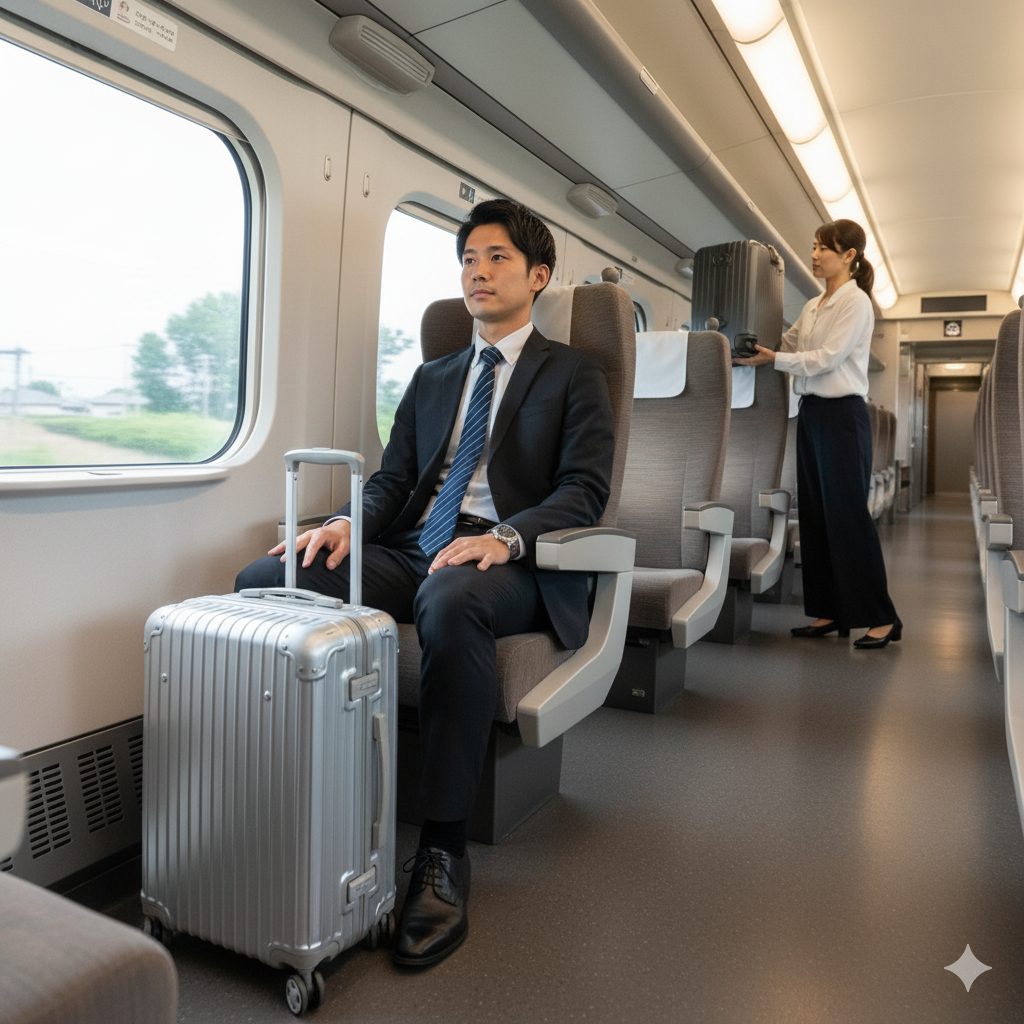 新幹線の座席に座り、足元にキャリーケースを置く日本人ビジネスマン。奥では別の女性が荷物棚にキャリーケースを上げている