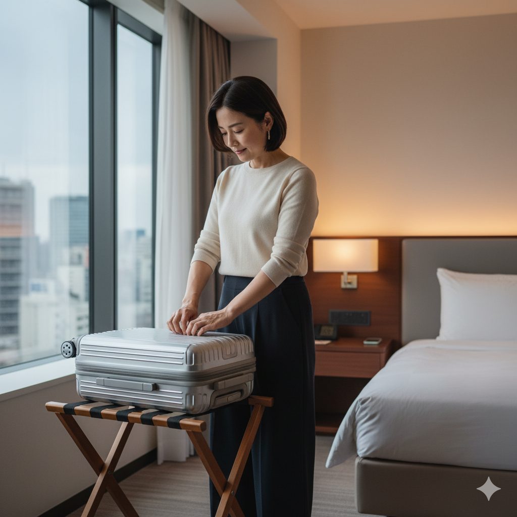 ホテルの客室でバゲージラックの上に置いたキャリーケースの荷物を整理する日本人女性。