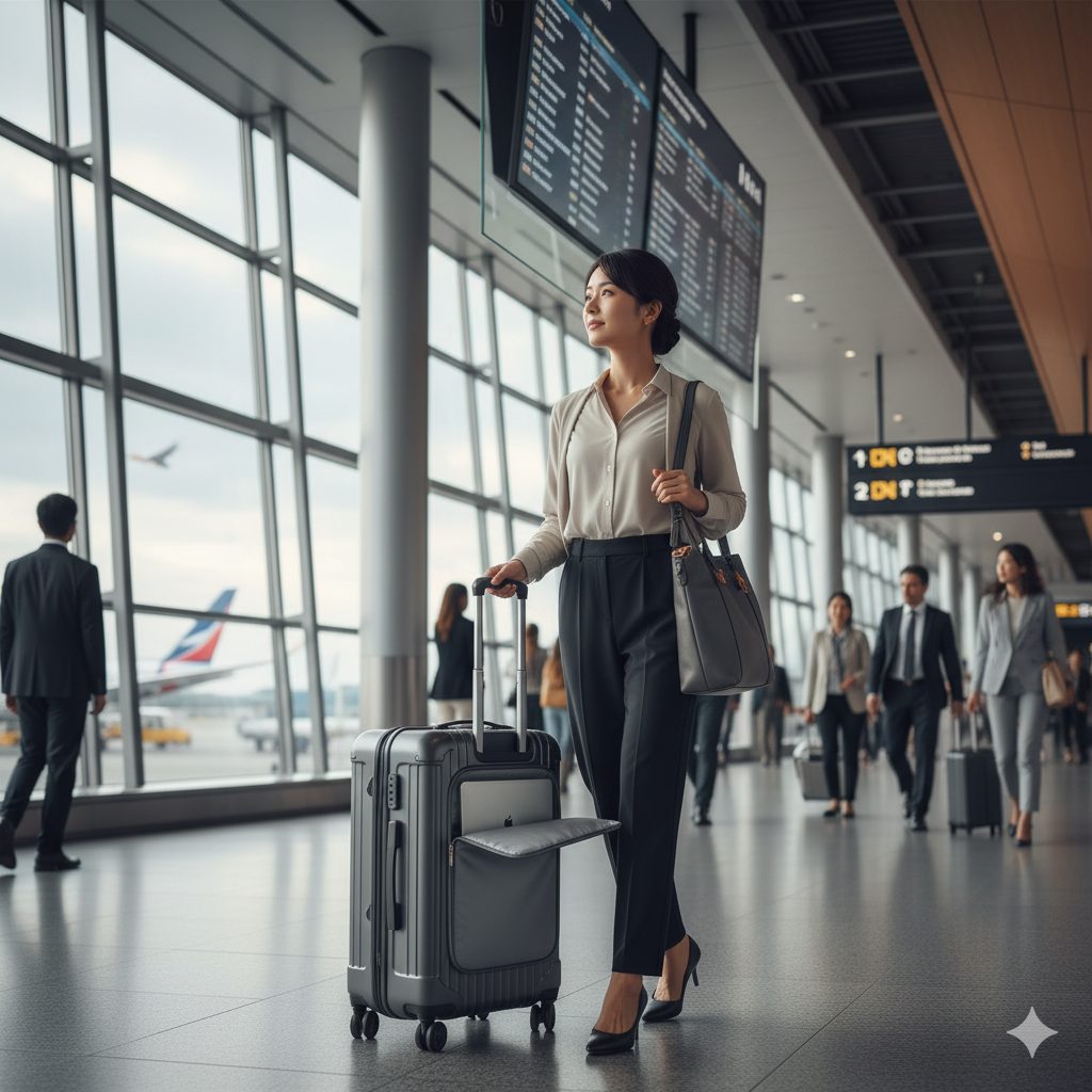 空港の出発ロビーを、ノートパソコンを収納できるポケット付きのキャリーケースとハンドバッグを持って歩く日本人ビジネスウーマン。窓の外には飛行機が見える。