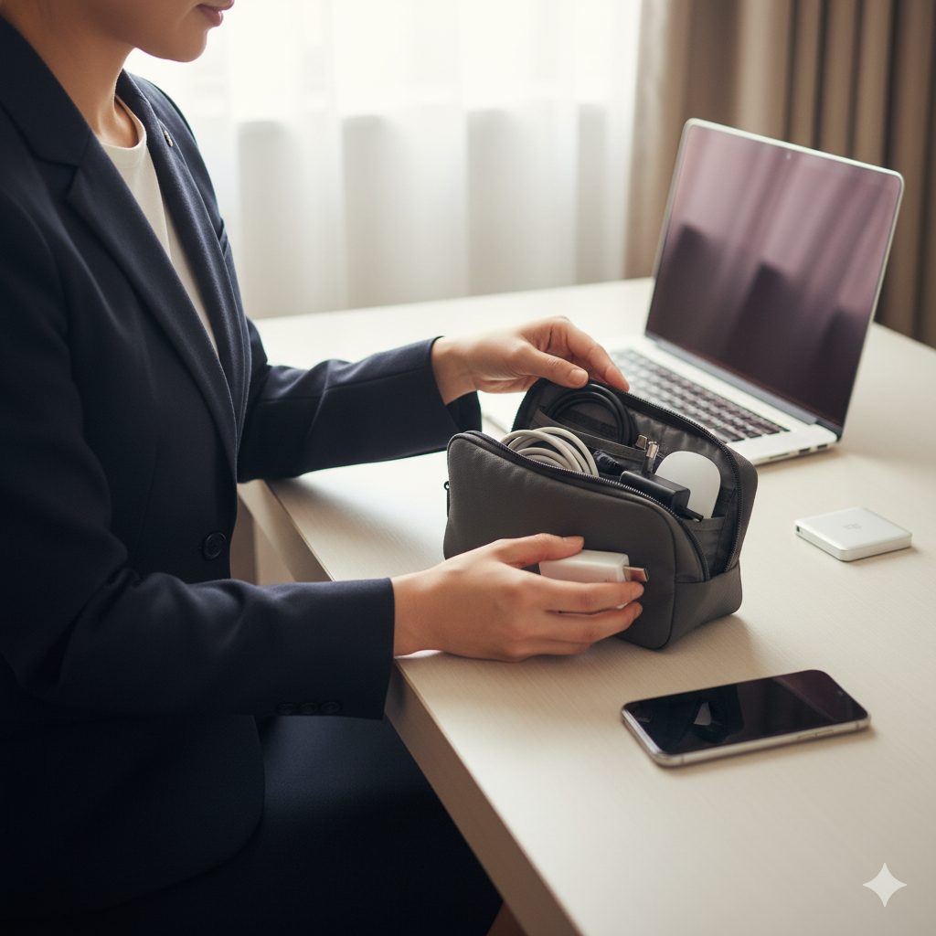 ホテルの部屋で、ノートパソコンやスマートフォンが置かれたデスクに座り、ガジェットポーチに充電器やケーブルを収納する日本人ビジネスウーマン。