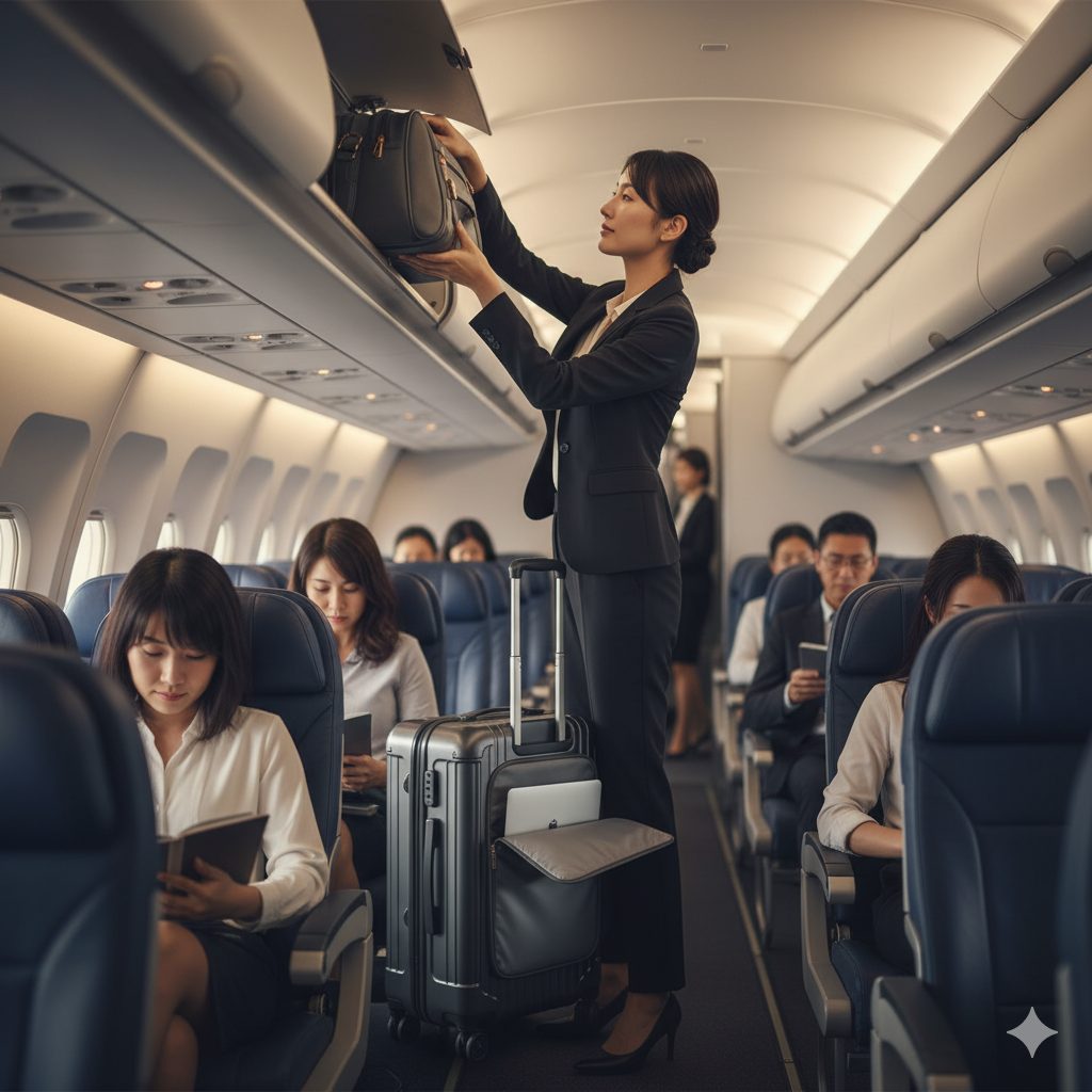飛行機の機内で、頭上の荷物入れにバッグを収納している日本人ビジネスウーマン。足元にはノートパソコンが収納されたキャリーケースがある。