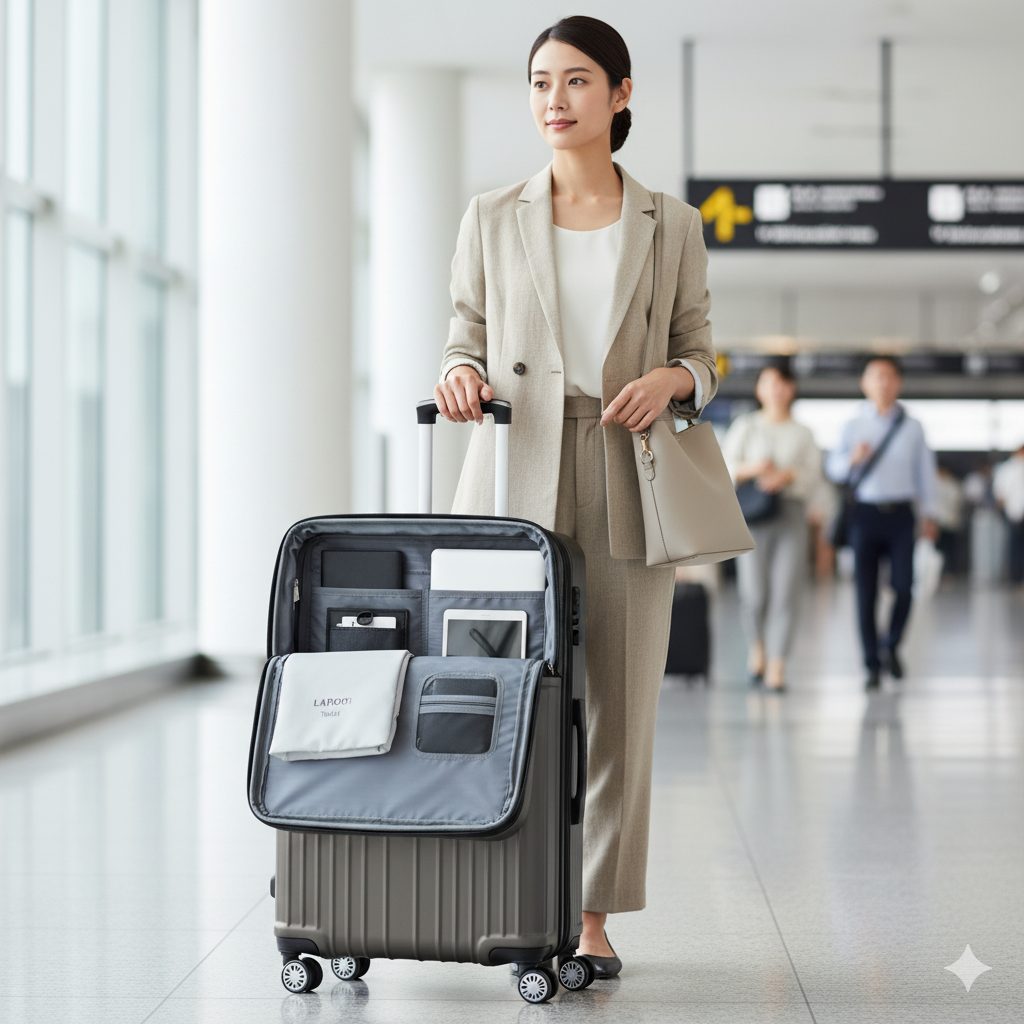 空港の通路を歩く日本人ビジネスウーマンと、フロントオープンタイプのキャリーケース。開いたポケットにはノートパソコンやタブレットが収納されている