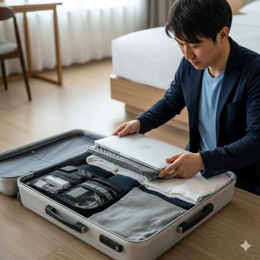 ホテルの部屋で、クッション性のあるインナーケースに入れたノートパソコンをキャリーケースに慎重に収納する日本人男性。