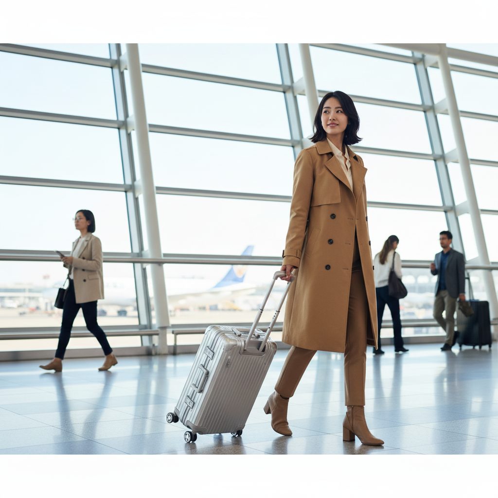 空港の出発ロビーを、おしゃれな高級スーツケースを引いて颯爽と歩く日本人女性。その表情は自信に満ち溢れている。
