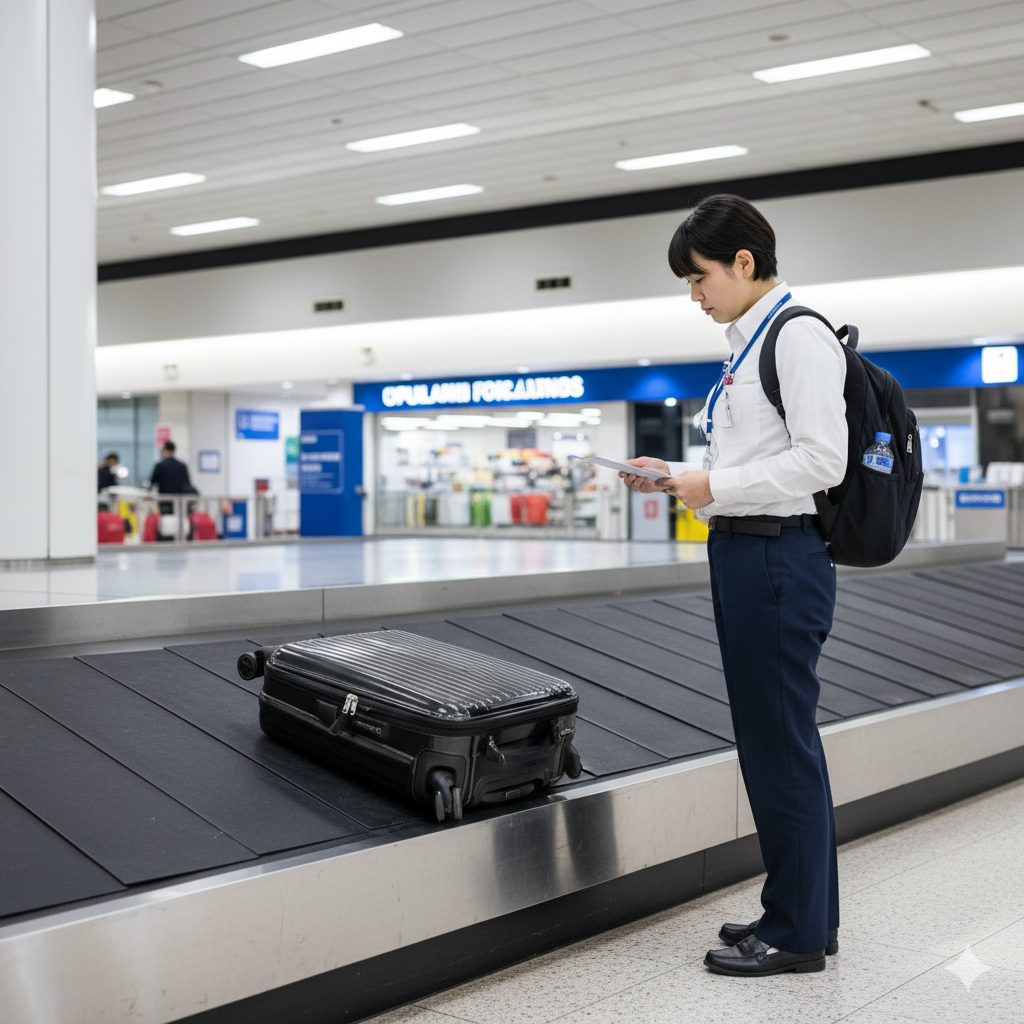 空港のバゲージクレームで、日本人女性が自分のスーツケースが破損していないか確認している。