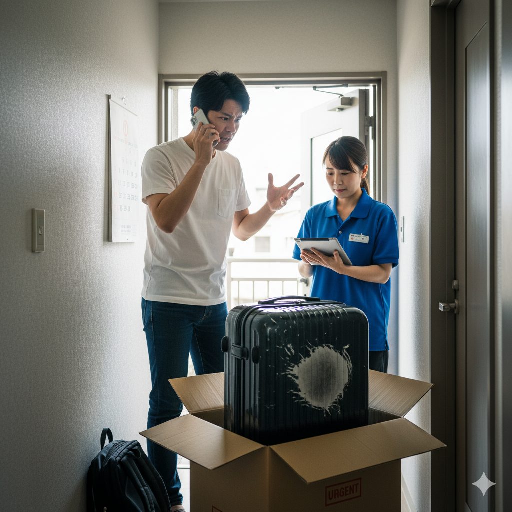 自宅の玄関で、配送業者から受け取ったスーツケースに大きな汚れがあることに気づき、困惑しながら電話でレンタル会社に連絡している日本人男性。