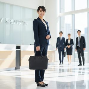 オフィスビルの受付ロビーに立つ、黒いビジネスバッグを持った若い日本人女性の就活生。紺色のリクルートスーツを着用し、笑顔でカメラを見ている。背景には他の就活生らしき人物が数名立っている。