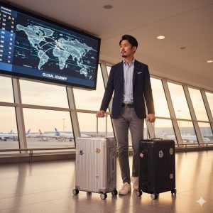 空港の出発ロビーで、窓の外に飛行機が見える場所で二つのリモワスーツケース（シルバーのアルミニウム製と黒のポリカーボネート製）を携えて立つ男性ビジネスパーソン。背後には世界地図とフライト情報を示す大きなデジタルスクリーンがある。