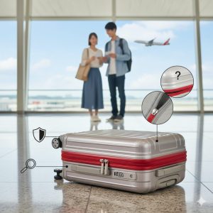 空港でチャック式キャリーケースの前に立つ日本人カップル。ケースにはチャックとロック、そして内部ファスナーの疑問を示すアイコンが重ねられている