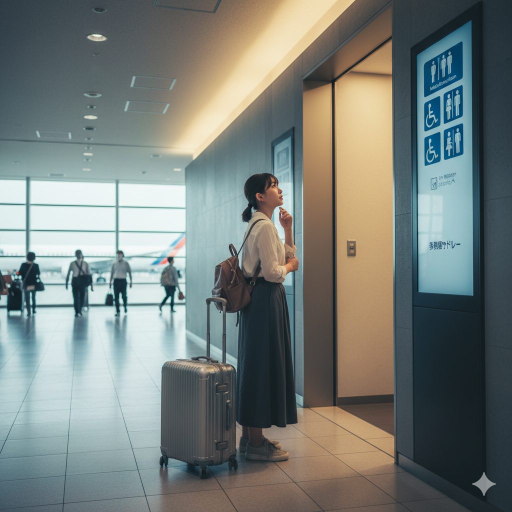 駅の多目的トイレの前で、旅行カバンと小さなバッグを持った若い日本人女性が、案内板を見ながら思案している。多機能トイレのアイコンや、車椅子のマークが見える。