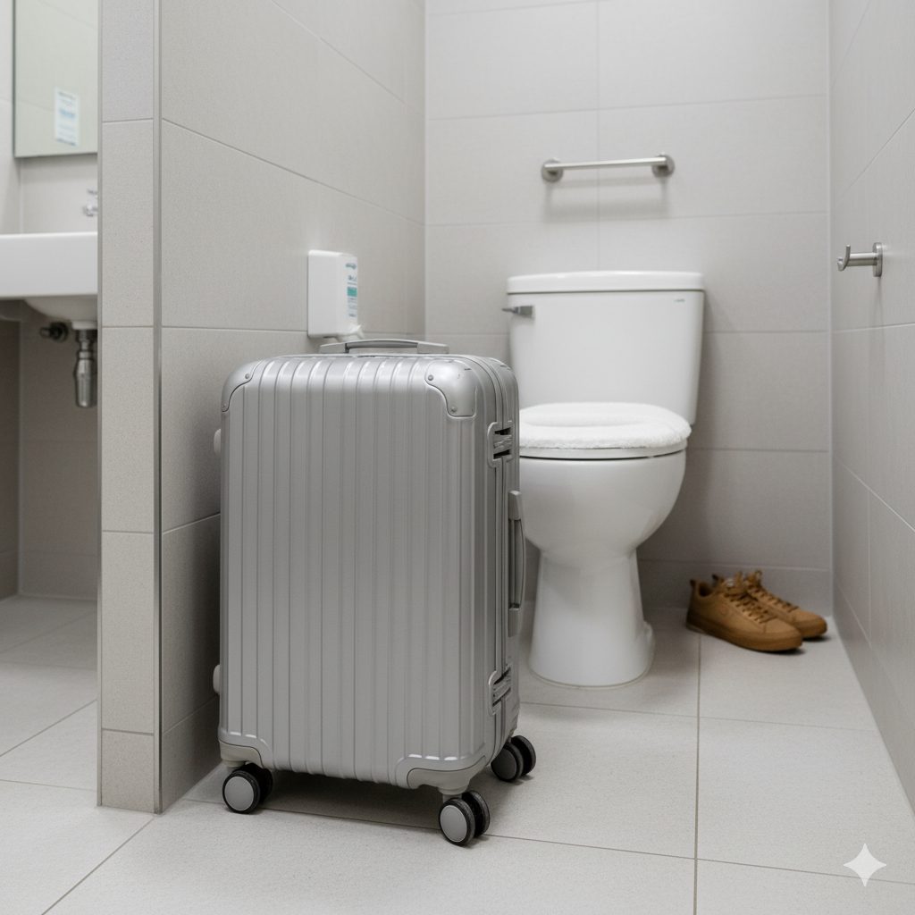 個室トイレの内部で、キャリーケースを壁際に置いている様子。清潔感のある空間で、キャリーケースが邪魔にならないように配置されている。