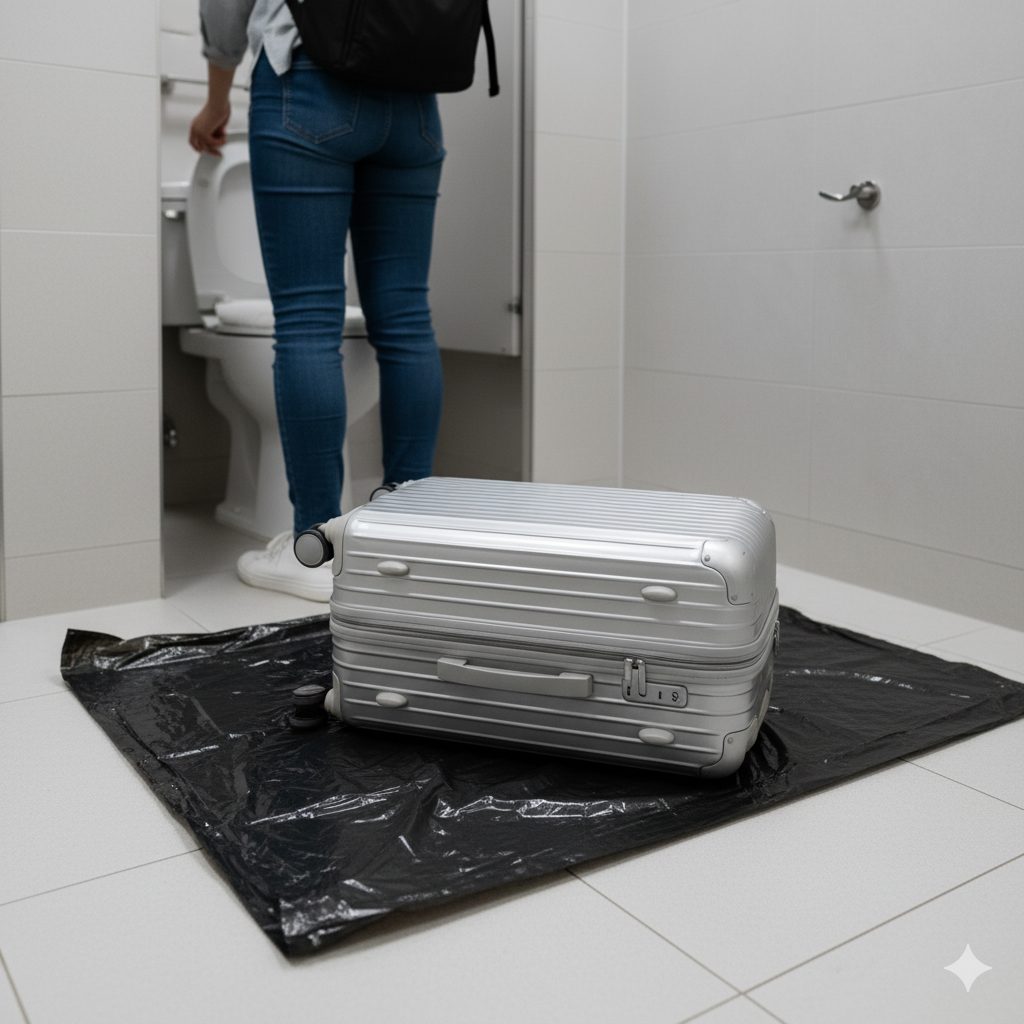 トイレの床に広げられた大きなビニール袋の上に、キャリーケースが置かれている。床の汚れを防ぐための具体的な対策を示す。