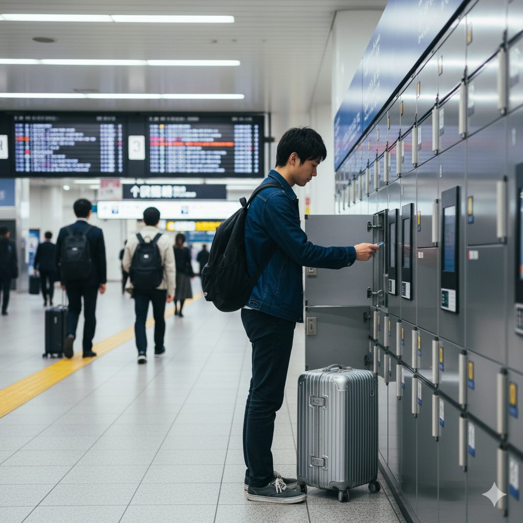  駅構内に設置されたコインロッカーの列。様々なサイズのロッカーがあり、旅行者がキャリーケースを預けようとしている。