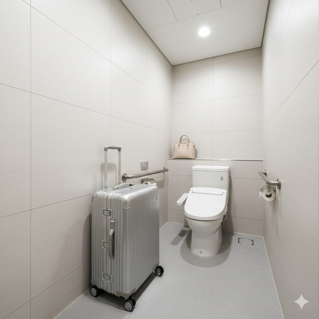 羽田空港の広々とした清潔なトイレの個室内部。大きなキャリーケースが余裕を持って置けるスペースがある。