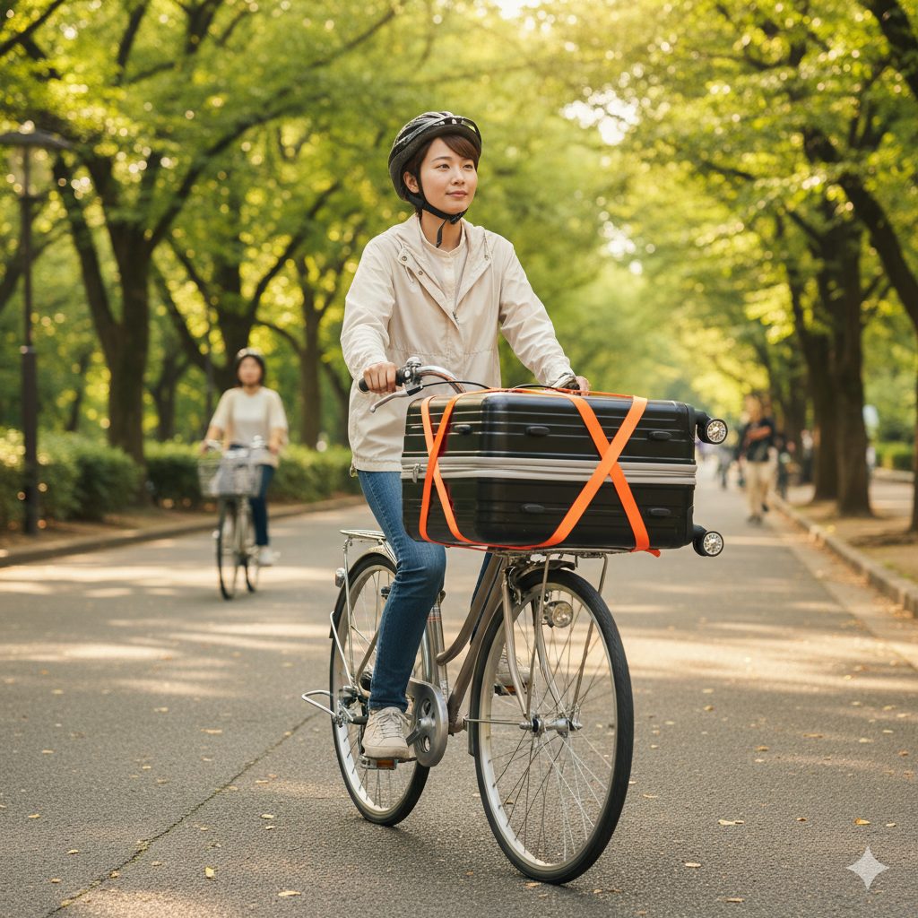 自転車の後ろの荷台にキャリーケースを横向きに寝かせ、荷締めベルトを使ってしっかりと固定している日本人の様子。