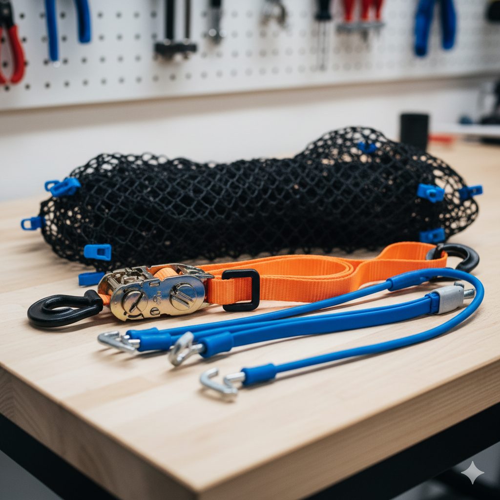自転車に荷物を固定するための道具。荷締めベルト、ゴムバンド、荷物固定用ネットが綺麗に並べられている。