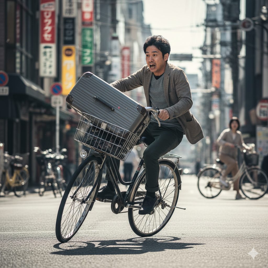 代替テキスト(alt): 　　- 自転車の前カゴにキャリーケースを載せたため、ハンドルが取られて不安定になっている危険な状況。