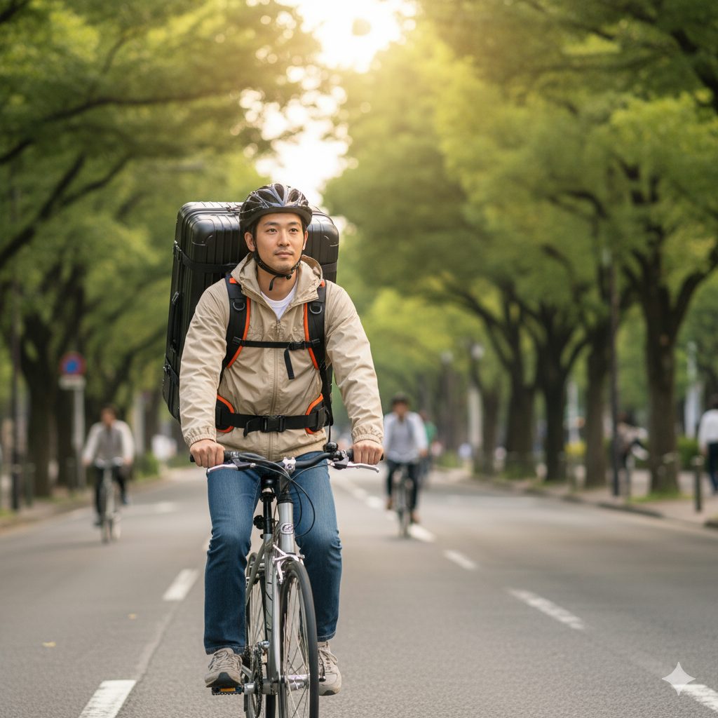 専用のベルトを装着し、キャリーケースを背負いながら自転車を運転している人。