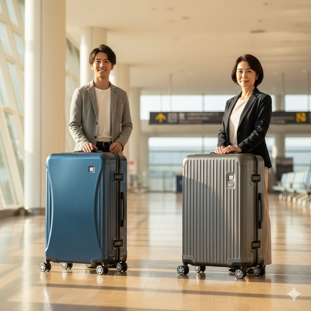 空港ロビーでそれぞれのスーツケースを持つ男女。