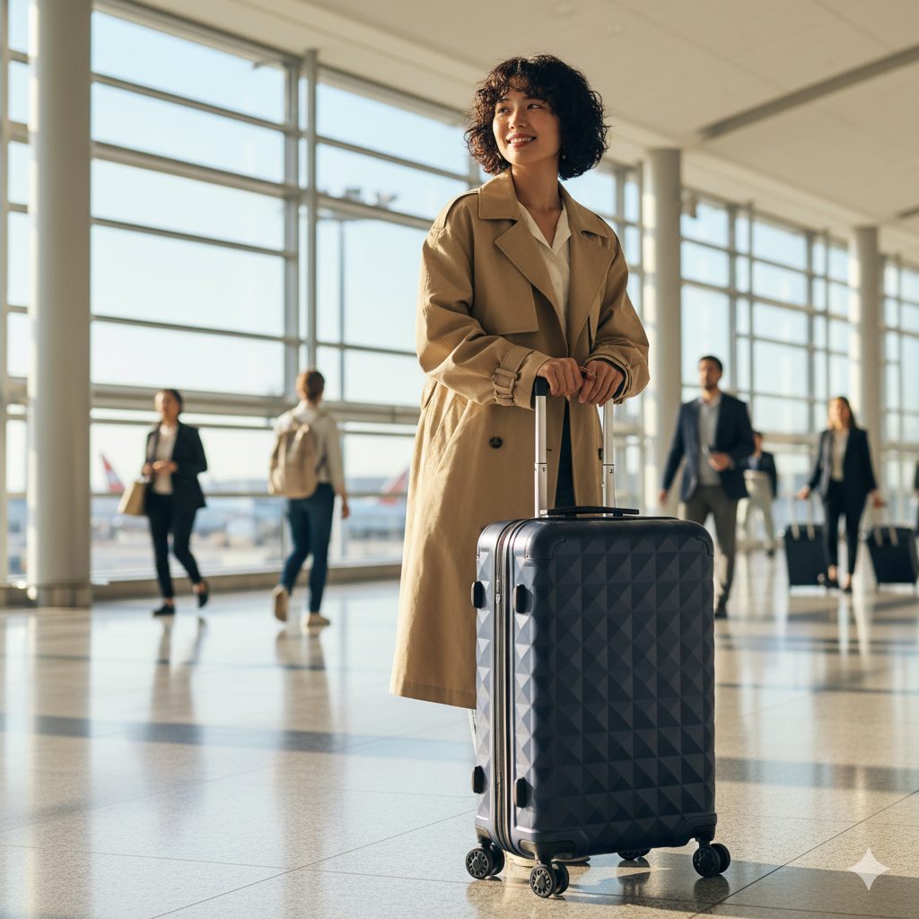 空港の明るいロビーで、スタイリッシュなネイビーのスーツケースを引いて立つ笑顔の日本人女性。