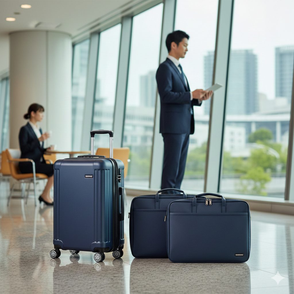 モダンなデザインのバーマス製スーツケースとビジネスバッグが並べられた、日本的なビジネスシーンのスタイリッシュなイメージ
