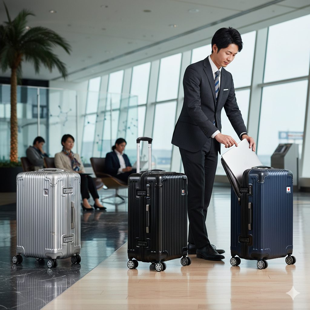 洗練されたデザインのビジネススーツケースを引き、空港のターミナルを歩くスーツ姿の日本人ビジネスマン。