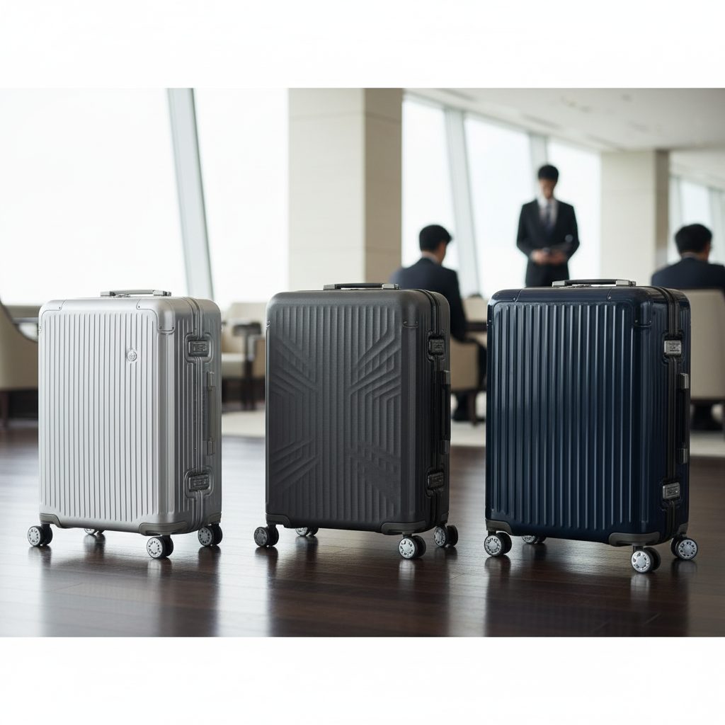 リモワ、サムソナイト、プロテカを彷彿とさせる、特徴の異なる3つのビジネススーツケースのブランド比較イメージ。