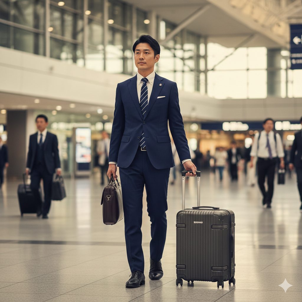 空港のターミナルを歩く若いアジア人ビジネスマン。ダークスーツを着用し、片手にはブリーフケース、もう片方の手でロゴ入りのキャリーケースを引いている。背景には他のビジネスパーソンが行き交う様子が見える。