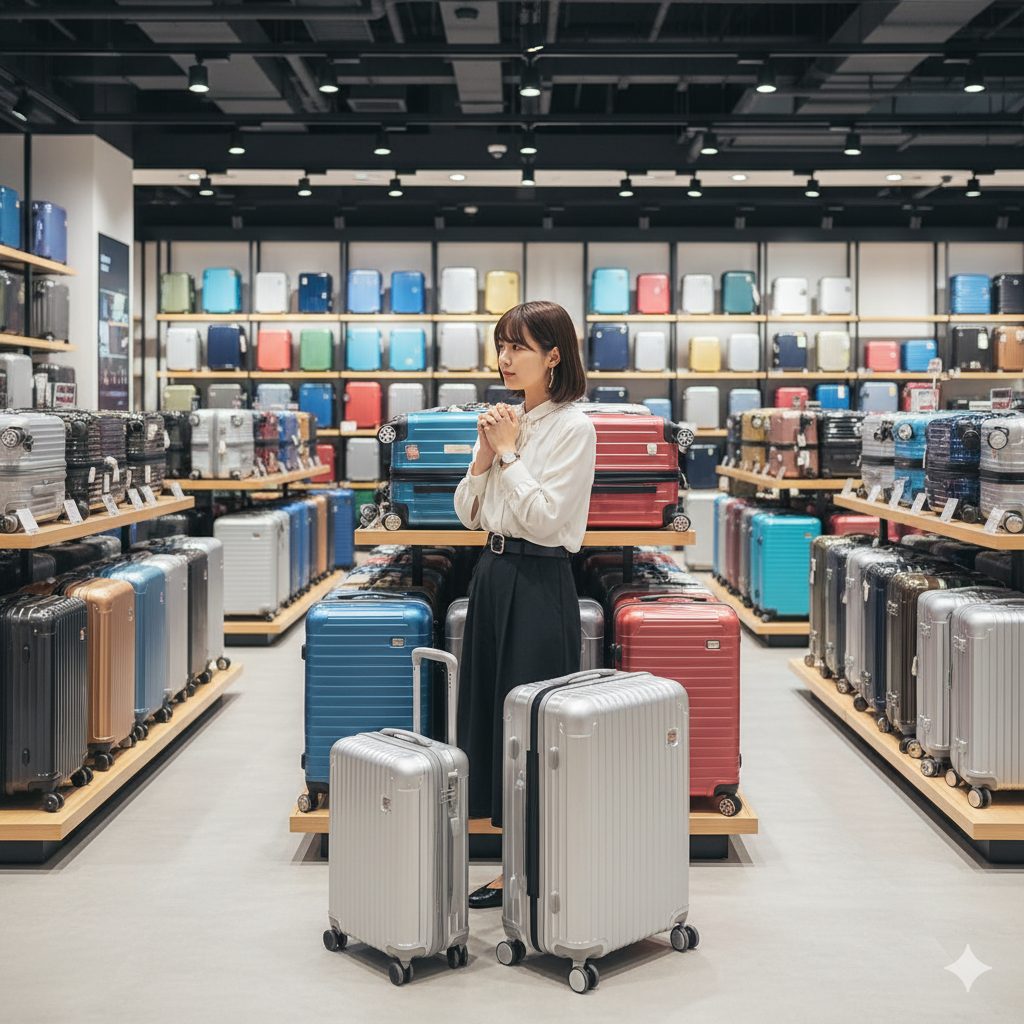 多くの種類のキャリーケースが並ぶ店内で、どれを選ぶか迷っている様子の日本人女性旅行者。